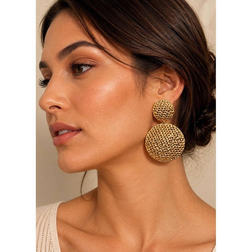 Vintage Gold Tone Textured Disc Statement Earrings Oversized Dangling Unmarked